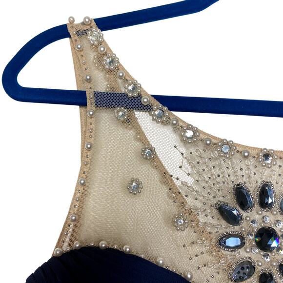 Caché Navy Tiered Bodycon with Jewels Pearls Mesh Evening Gown Mini Dress Size 6 - Picture 5 of 11